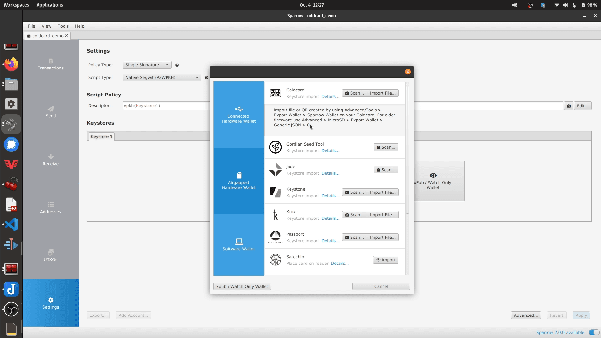 importing the Coldcard export file into Sparrow