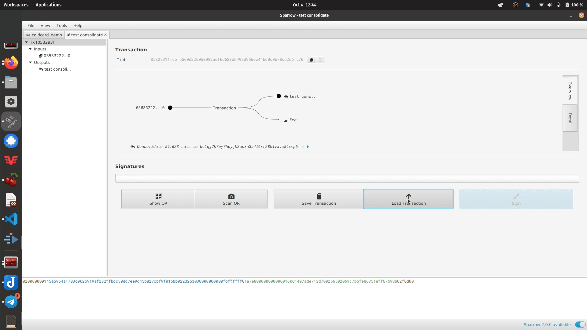 Loading a signed transaction into Sparrow Wallet