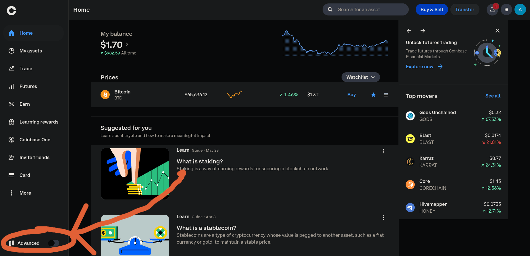 Navigate to advanced trade on coinbase