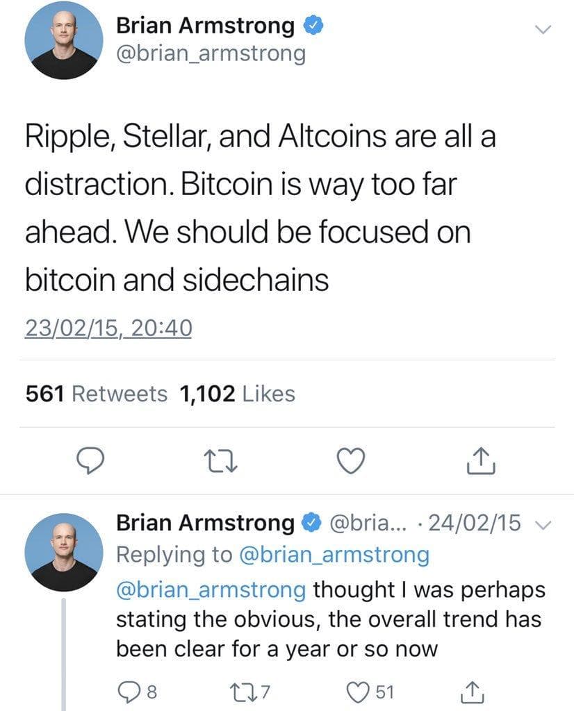 2015 Tweet from Brian Armstron saying bitcoin is too far ahead