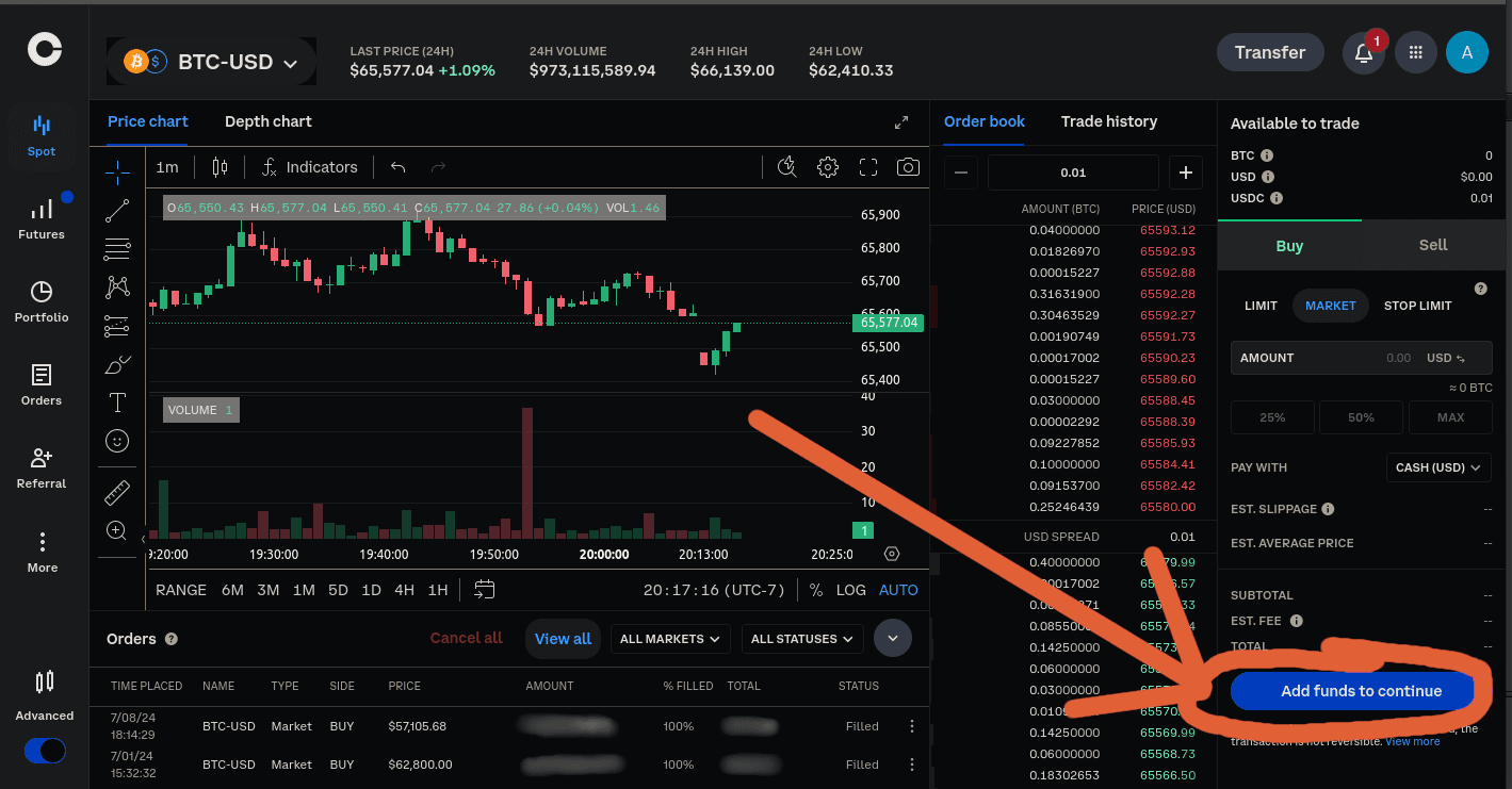 Coinbase add funds button