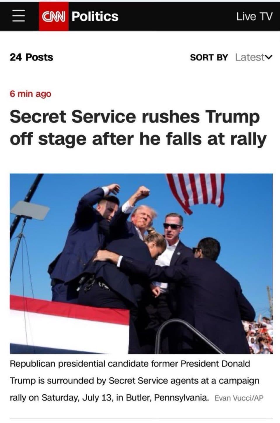 CNN Headline: Secret Service Rushes Trump off stage after he falls at rally