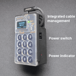 Close-up view of the MK4 Nomad power case for Coldcard Mk4 Bitcoin hardware wallet, featuring integrated USB-C cable, power switch, and indicator light for on-the-go air-gapped signing
