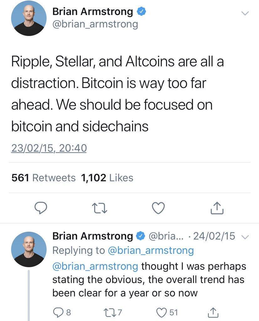 2015 Tweet from Brian Armstron saying bitcoin is too far ahead