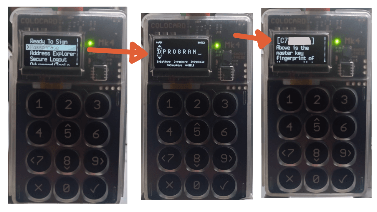 Coldcard passphrase setup on Mk4 hardware wallet, showing menu navigation and fingerprint verification