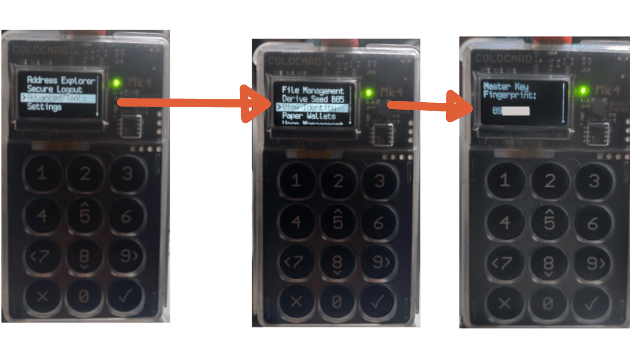 Coldcard Mk4 view fingerprint process, showing menu navigation and master key fingerprint.