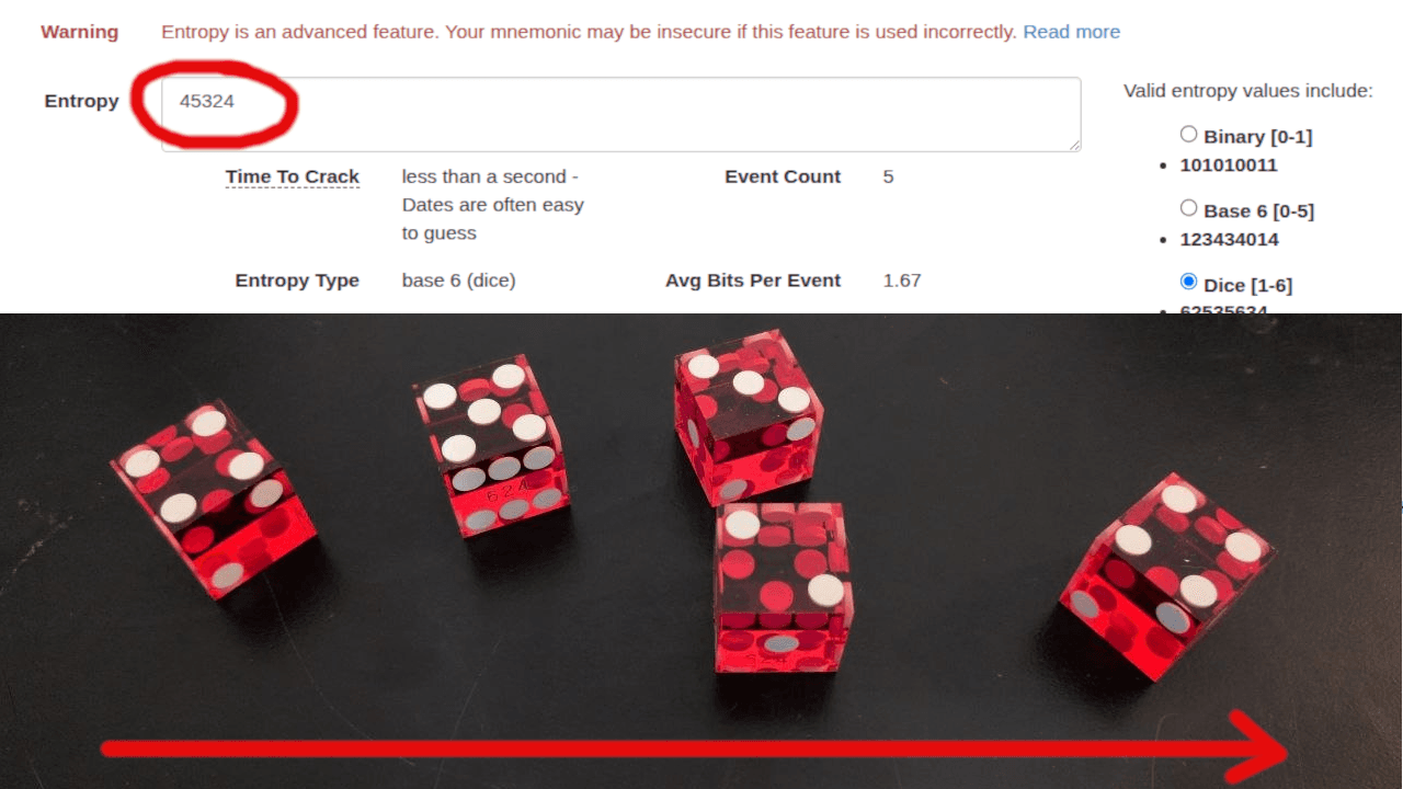 An image showing how insert dice roll results into the "Entropy" field of Ian Coleman's BIP-39 tool