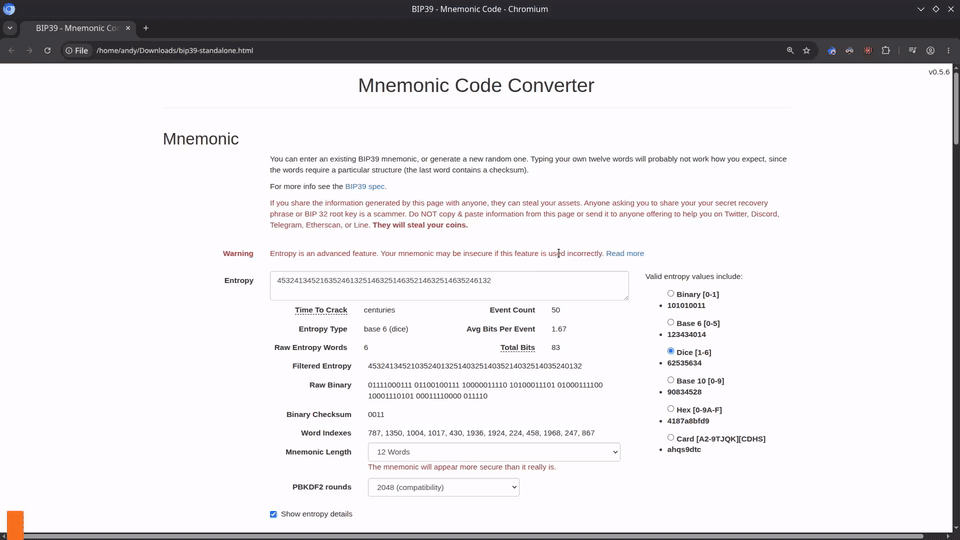 Gif showing how to recover your generated mnemonic from the dice roll method