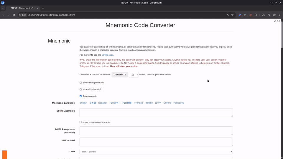 gif showing how to prepare Ian Coleman's BIP-39 tool for dice rolls