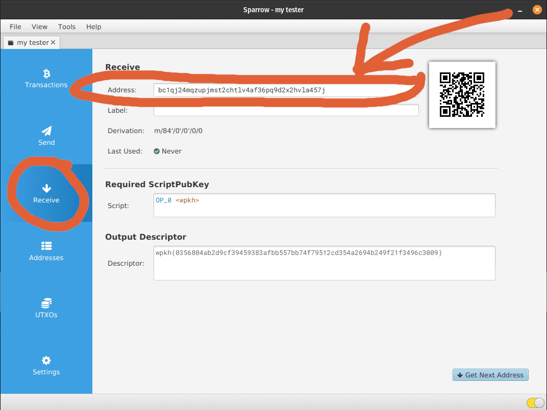 Screenshot of Sparrow Wallet's Receive tab displaying a generated Bitcoin address (bc1q...), QR code for scanning, label field, and output descriptor, with red arrows highlighting the address and receive button for self-custody setup.
