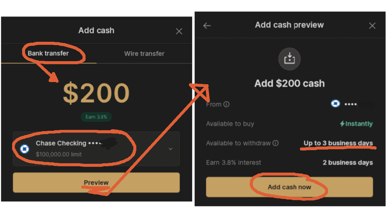 Screenshots of River Financial showing how to add $200 via bank transfer for Bitcoin DCA, with 3.8% interest and instant availability.