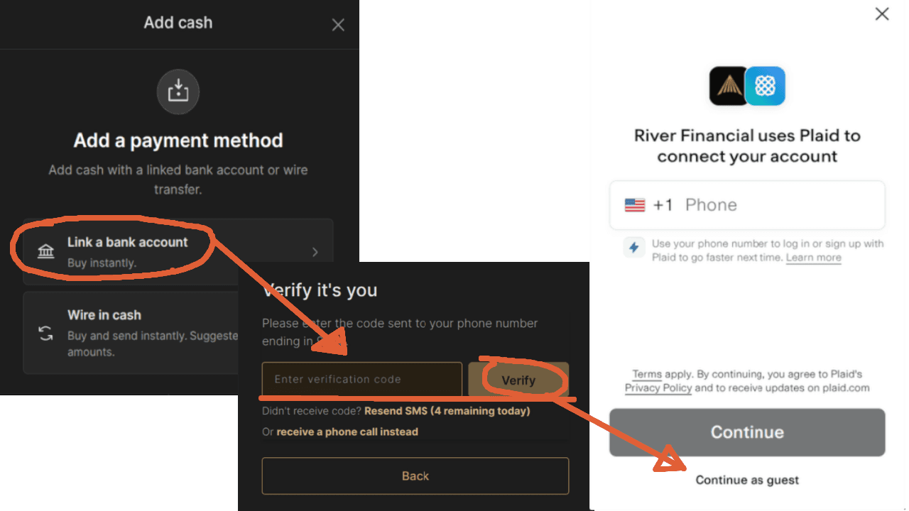Screenshot of the River Financial app showing steps to link a bank account via Plaid for secure funding of Bitcoin purchases, including verification with SMS code or phone call.