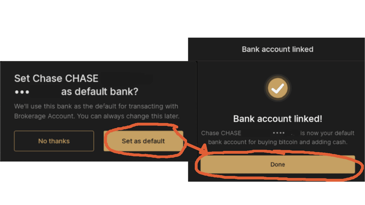 Screenshots of River Financial interface showing setting the default bank and finalizing bank account link
