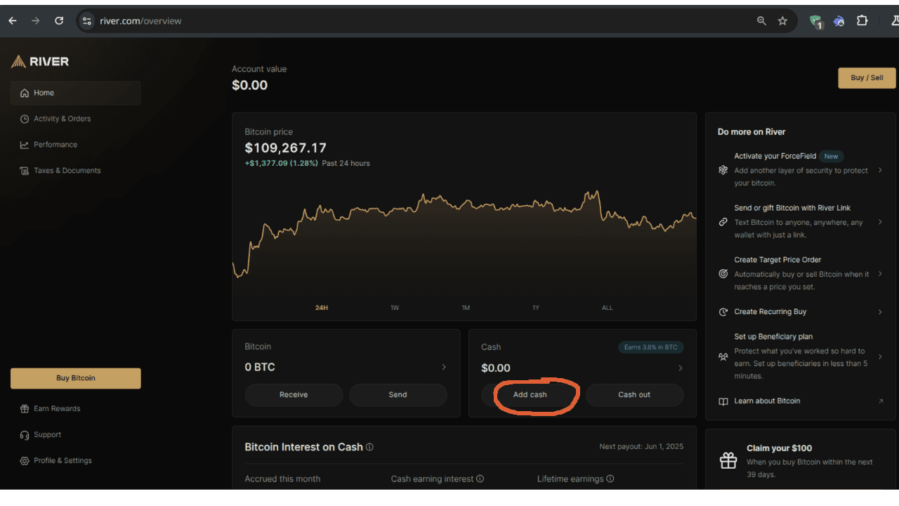 : Screenshot of River Financial dashboard highlighting the "Add cash" option to fund Bitcoin DCA, with Bitcoin price at $109,267.17 and interest-earning features.