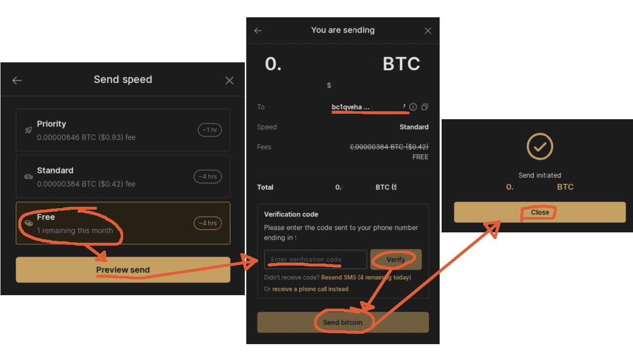 Screenshots of River Financial showing how to withdraw Bitcoin for free, select send speed, verify the transaction, and confirm sending to a wallet address.