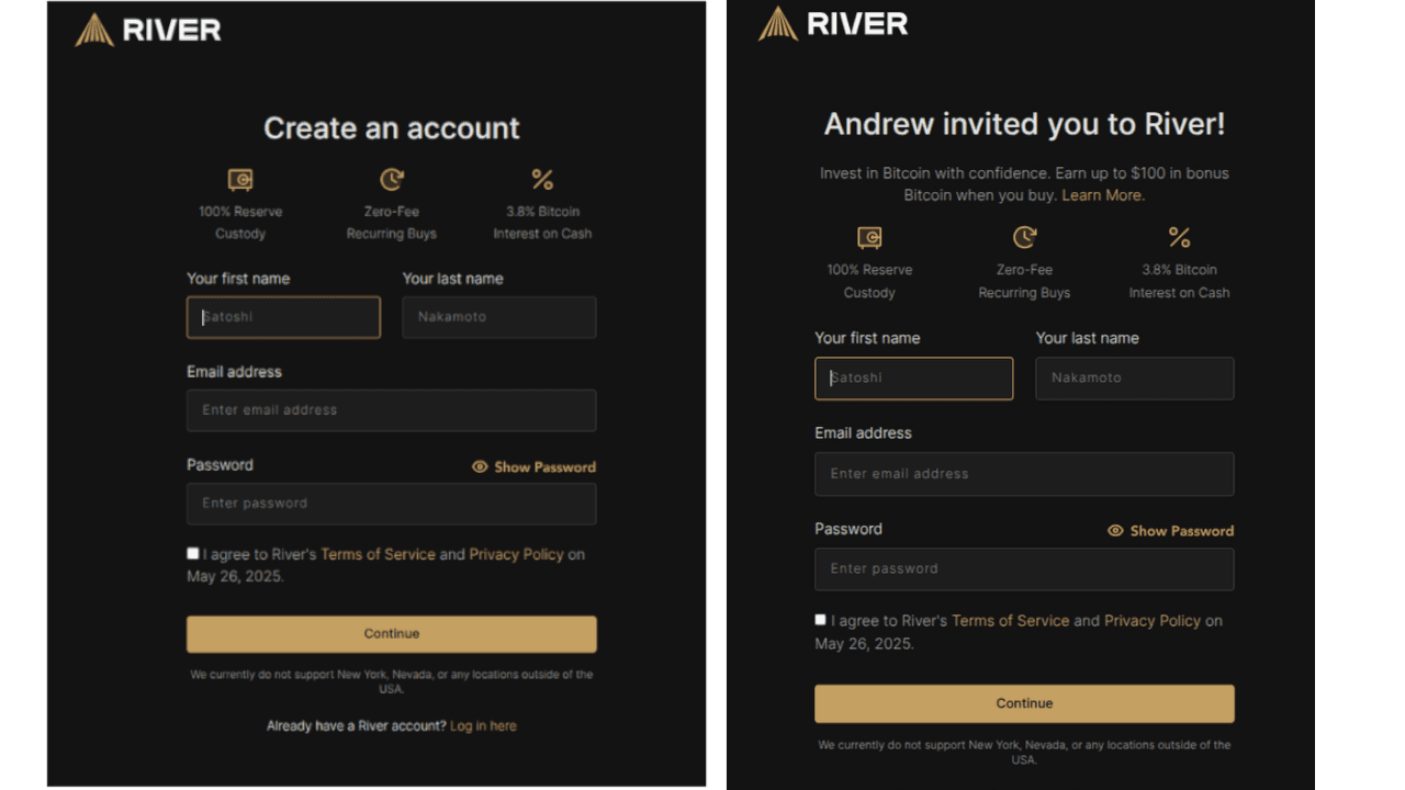 River Financial signup page showing how to create an account for zero-fee Bitcoin DCA, with referral bonus up to $100.